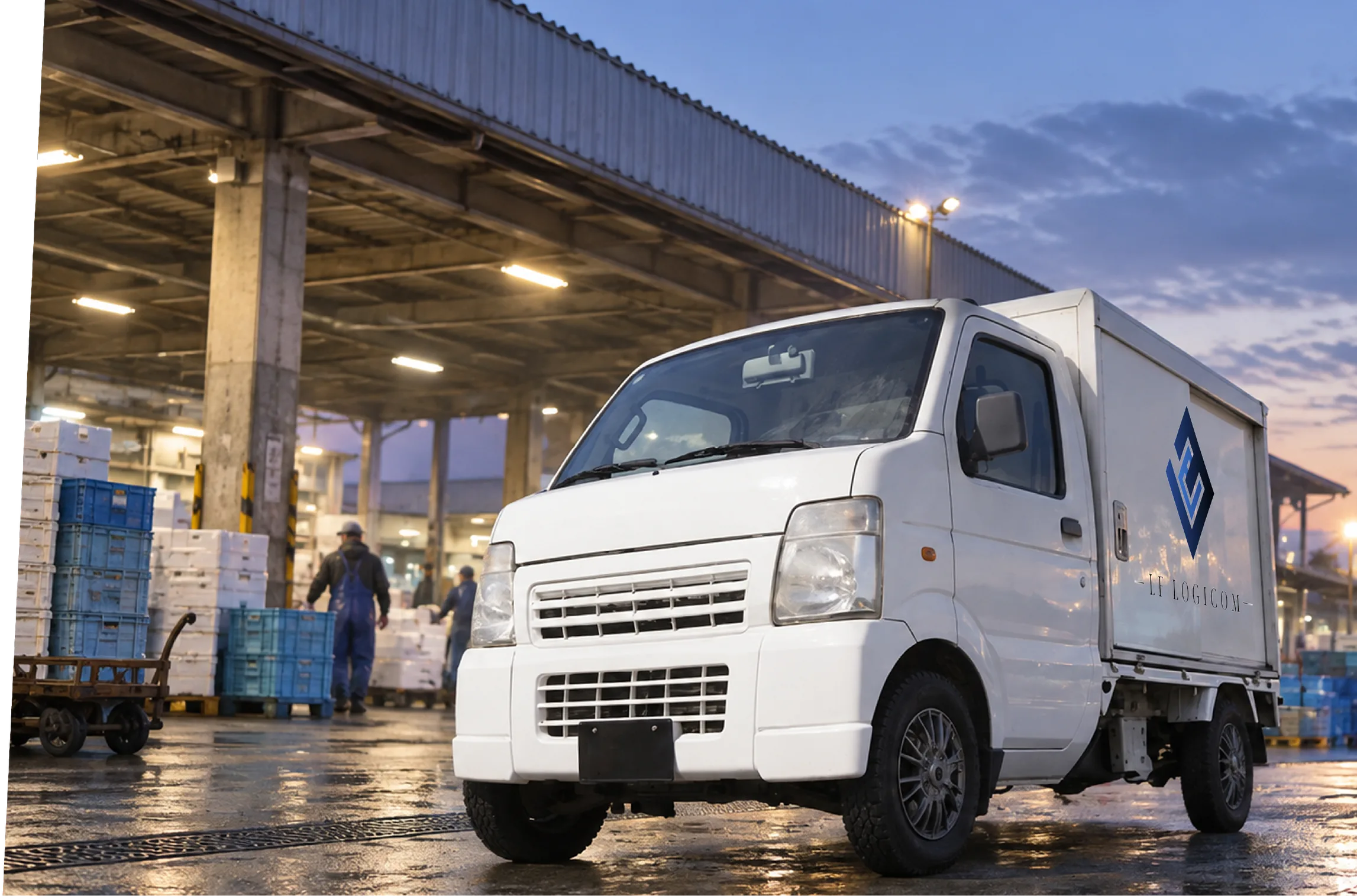 市場で食品を運ぶLF LOGICOMの軽貨物冷凍車